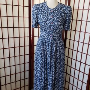 Vintage Karin Stevens Midi Dress, Blue & White Pattern